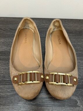 Soda Taupe Flats with Brown Strap and Gold Hardware